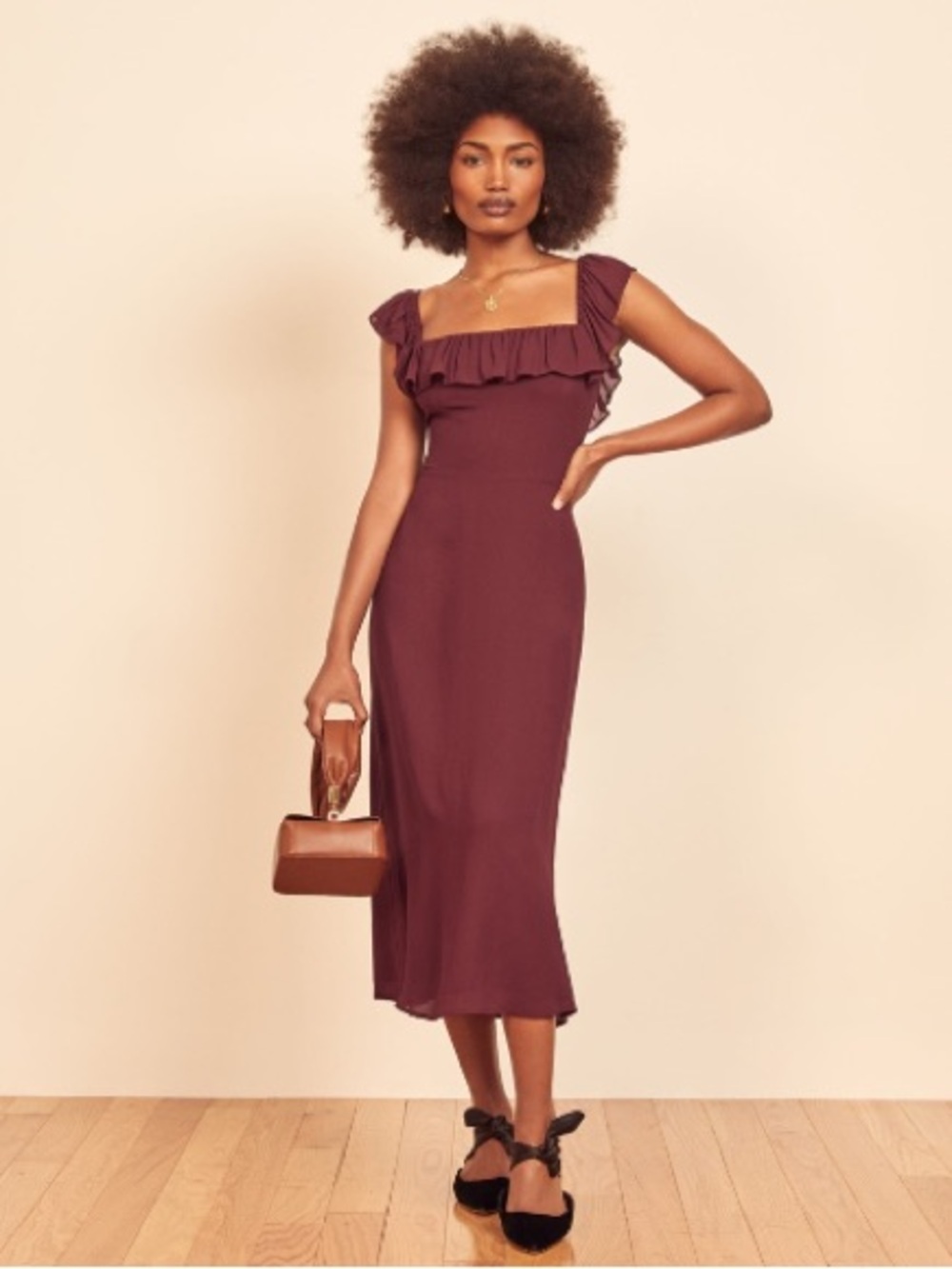 Reformation Wine Ruffle-Trim Square-Neck Midi Dress